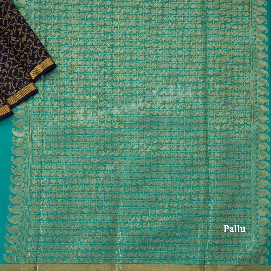 Navy Blue Brocade Silk Saree With Ribbon Zari Border - Kumaran Silks