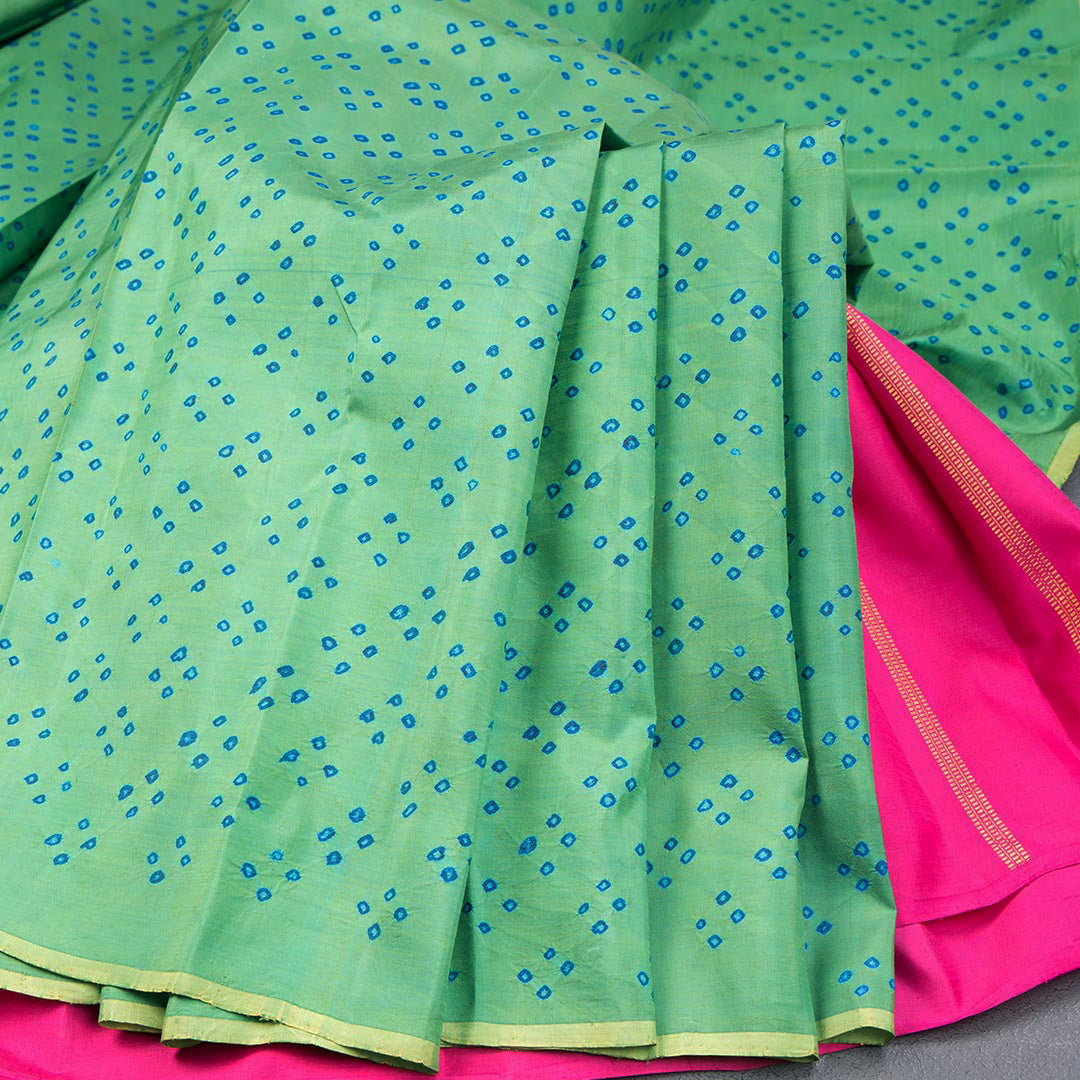 Green Hand Painted Silk Saree In Dot Design With Self Border