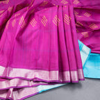 Magenta Pink Checked Silk Saree With Hand Painted In Dot Design And Silver Zari Border