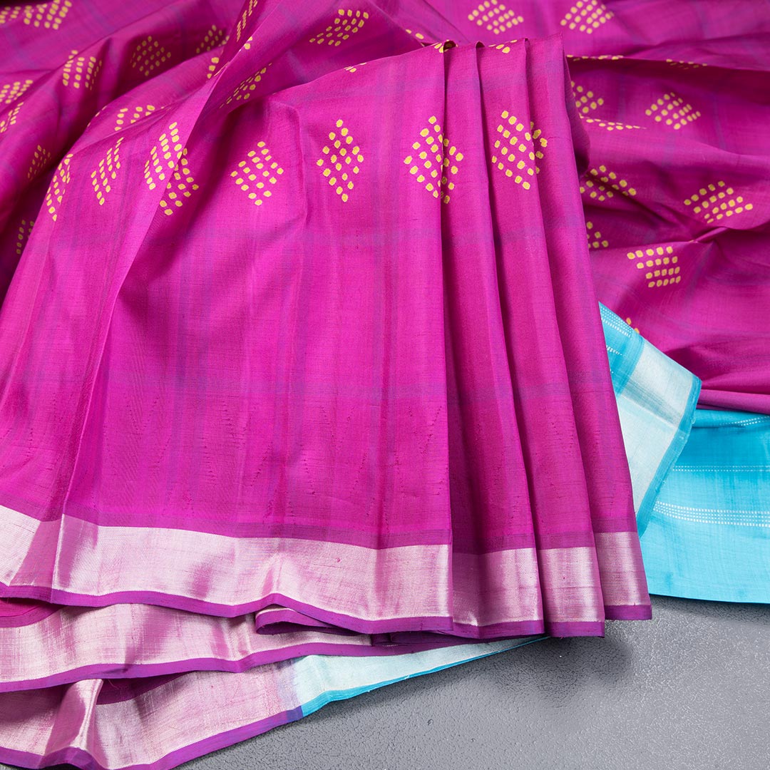 Magenta Pink Checked Silk Saree With Hand Painted In Dot Design And Silver Zari Border