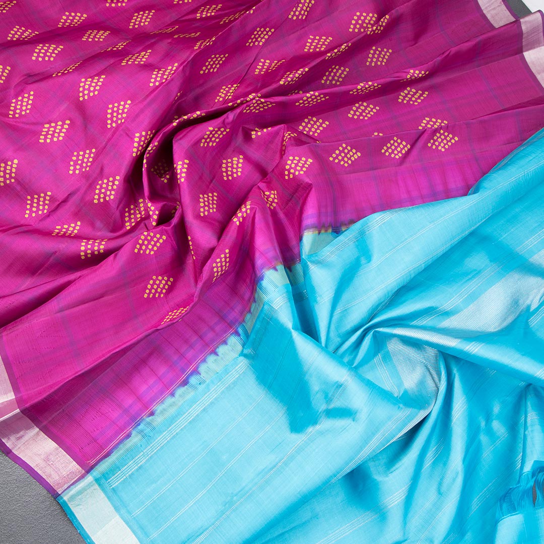 Magenta Pink Checked Silk Saree With Hand Painted In Dot Design And Silver Zari Border