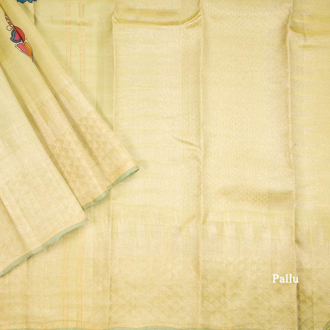 Pista Green Hand Painted Silk Saree In Peacock Design And Temple Zari Border