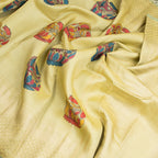 Kalamkari Pista Green Hand Painted Silk Saree In Peacock Design And Temple Zari Border