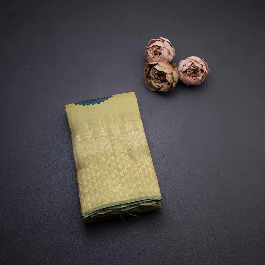 Pista Green Hand Painted Silk Saree In Peacock Design And Temple Zari Border