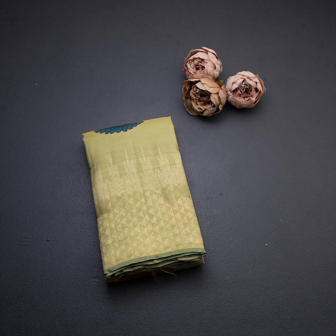 Pista Green Hand Painted Silk Saree In Peacock Design And Temple Zari Border