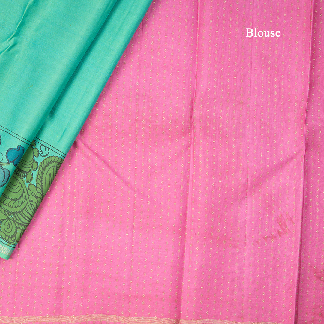 Peacock Green Plain Silk Saree With Hand Painted Kalamkari Design Border