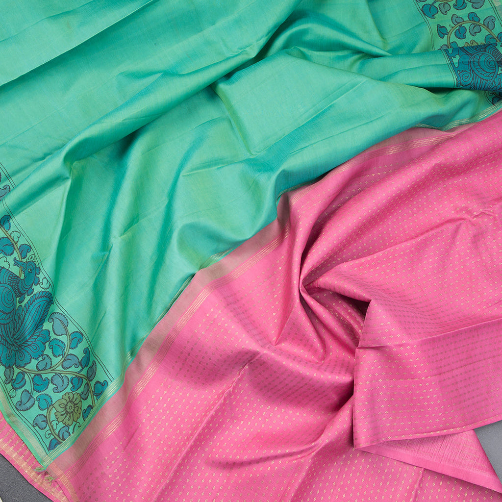 Peacock Green Plain Silk Saree With Hand Painted Kalamkari Design Border - Kumaran Silks