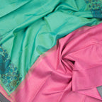 Peacock Green Plain Silk Saree With Hand Painted Kalamkari Design Border - Kumaran Silks