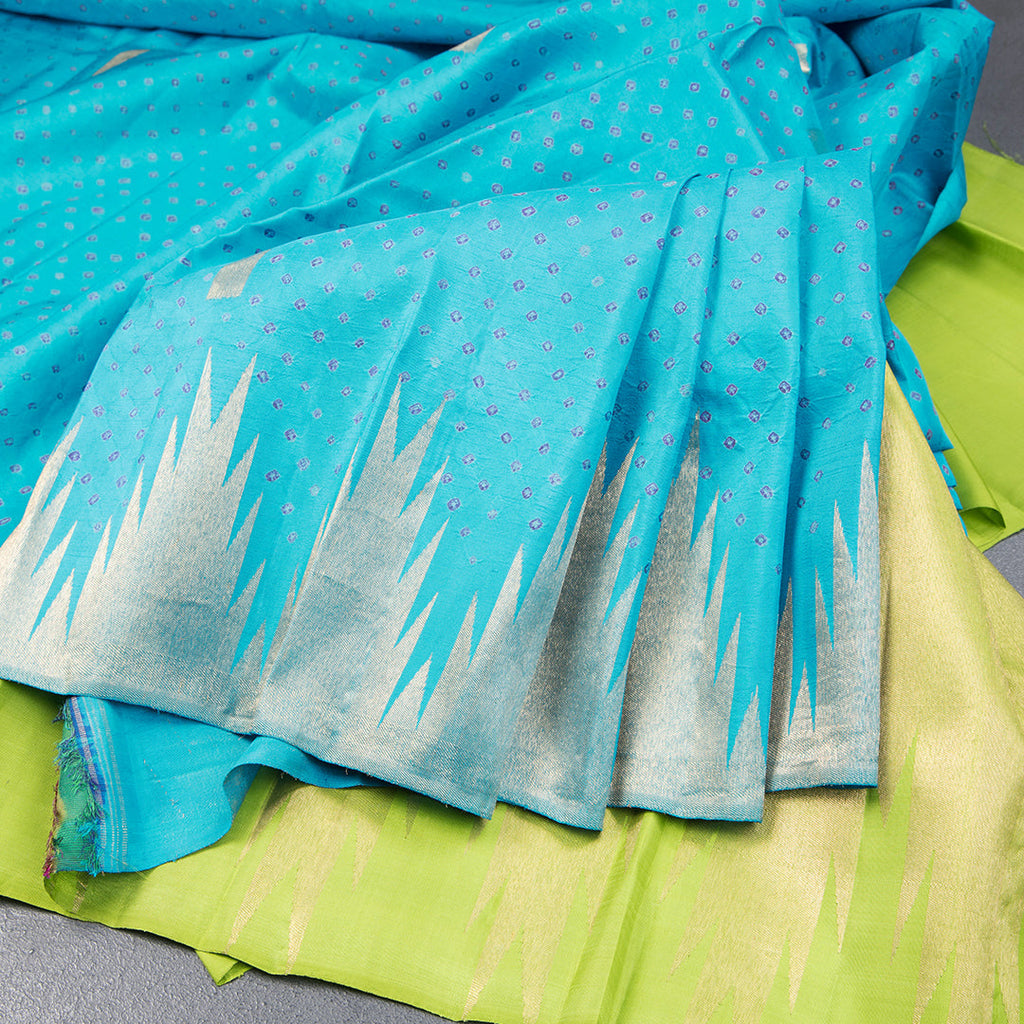 Blue Silk Saree With Hand Painted In Dot Design And Temple Border