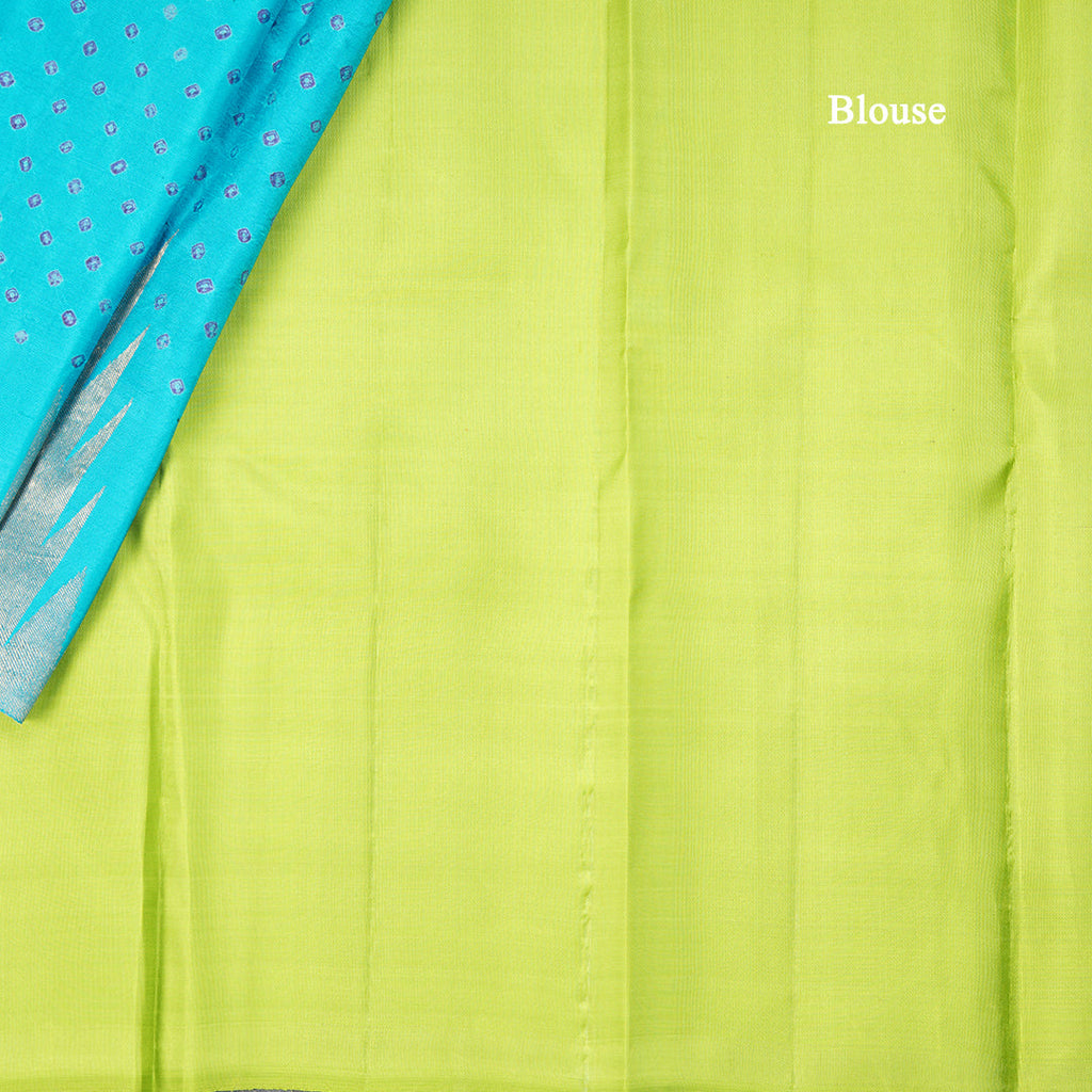Blue Silk Saree With Hand Painted In Dot Design And Temple Border