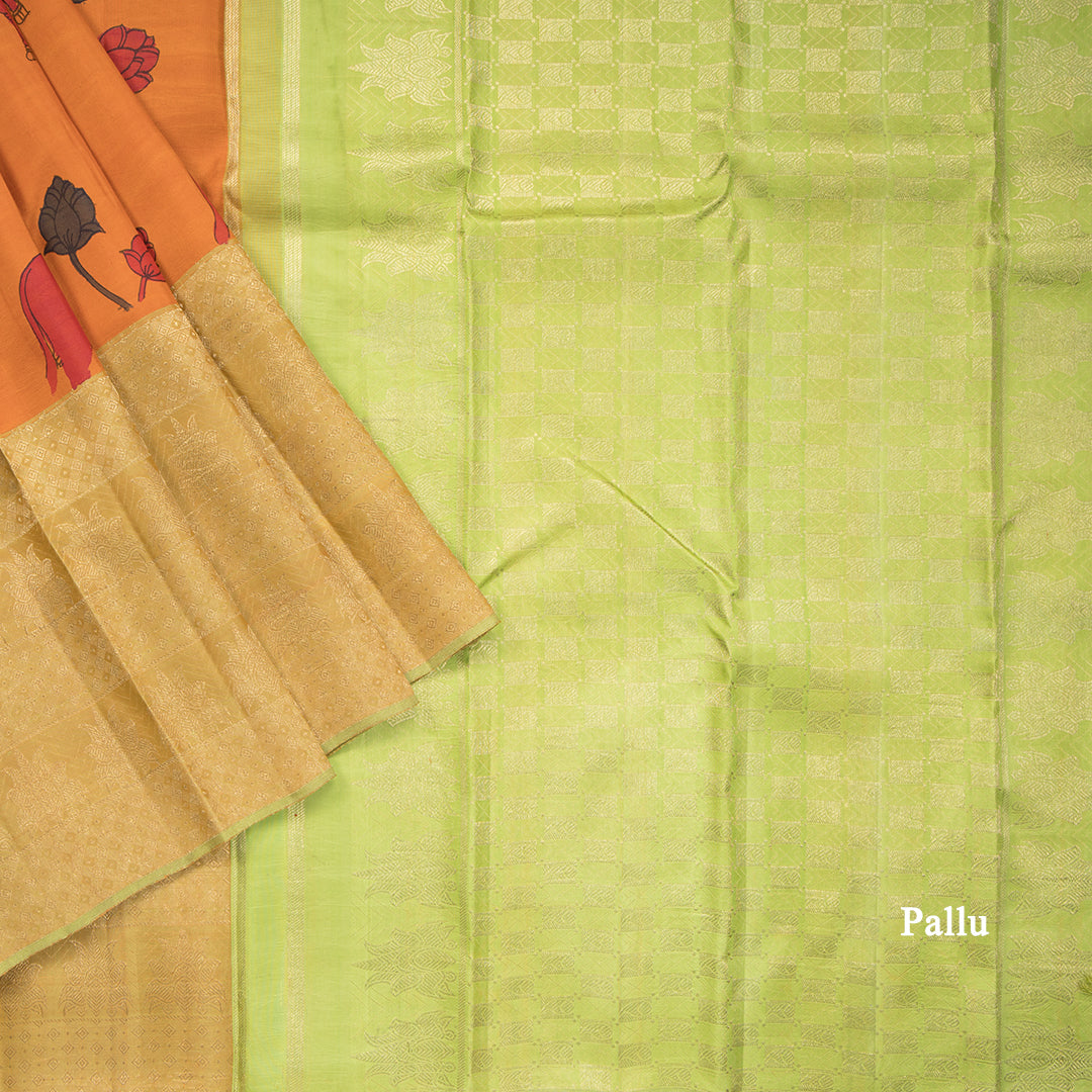 Orange Silk Saree With Hand Painted In Animal And Flower Design And Zari Border