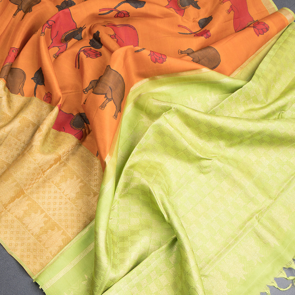 Orange Silk Saree With Hand Painted In Animal And Flower Design And Zari Border - Kumaran Silks
