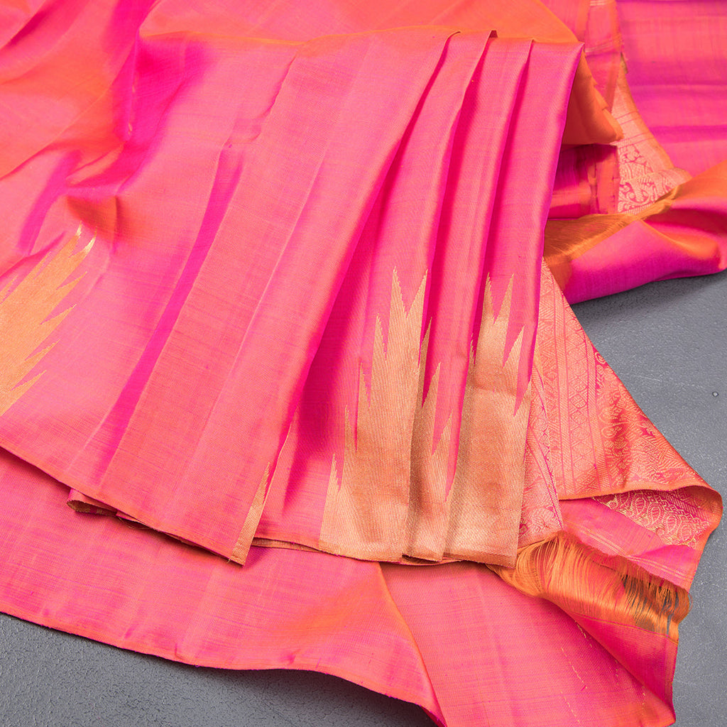 Shot Colour Plain Silk Saree With Temple Gold Zari Border