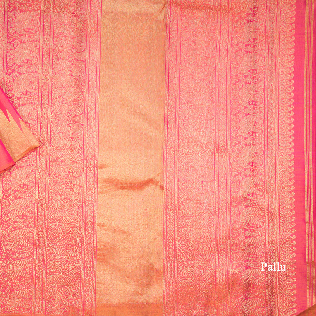 Shot Colour Plain Silk Saree With Temple Gold Zari Border