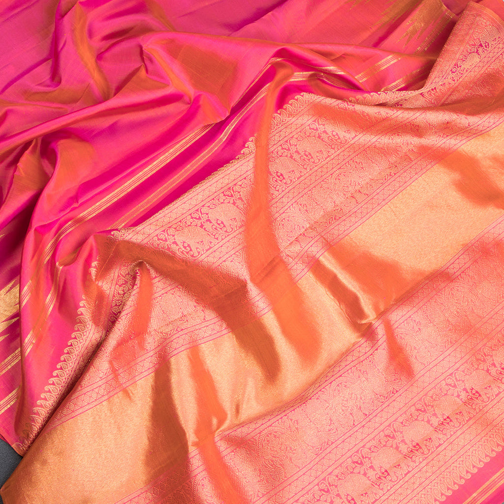 Shot Colour Plain Silk Saree With Temple Gold Zari Border - Kumaran Silks