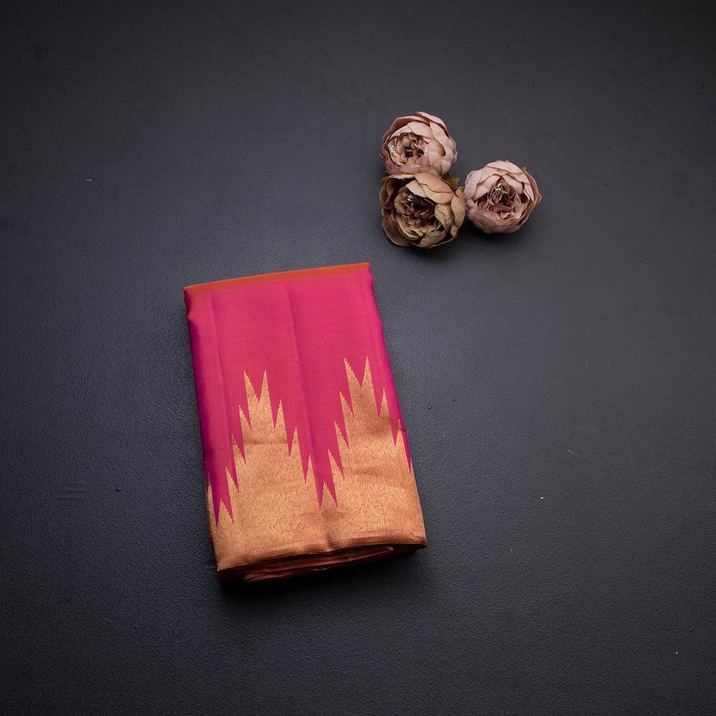 Shot Colour Plain Silk Saree With Temple Gold Zari Border