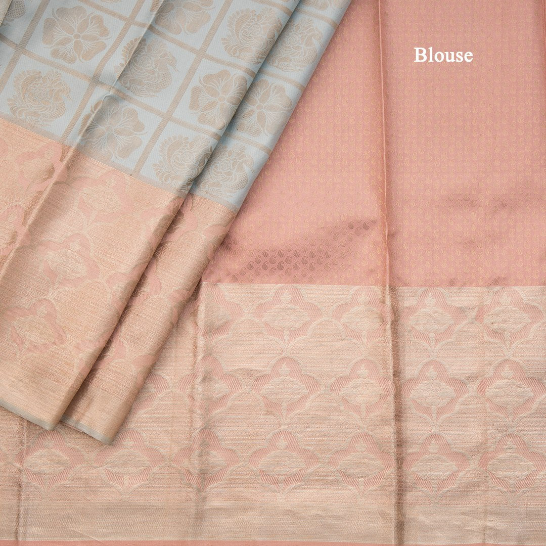 Pastel Blue Checked Silk Saree With Fancy Baby Pink Zari Border