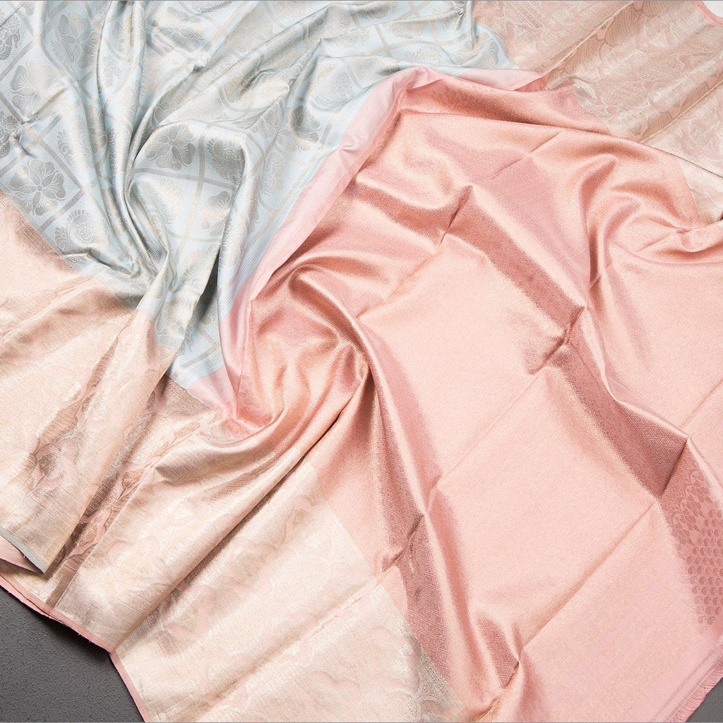 Pastel-Blue Checked Silk Saree With Fancy Baby Pink Zari Border