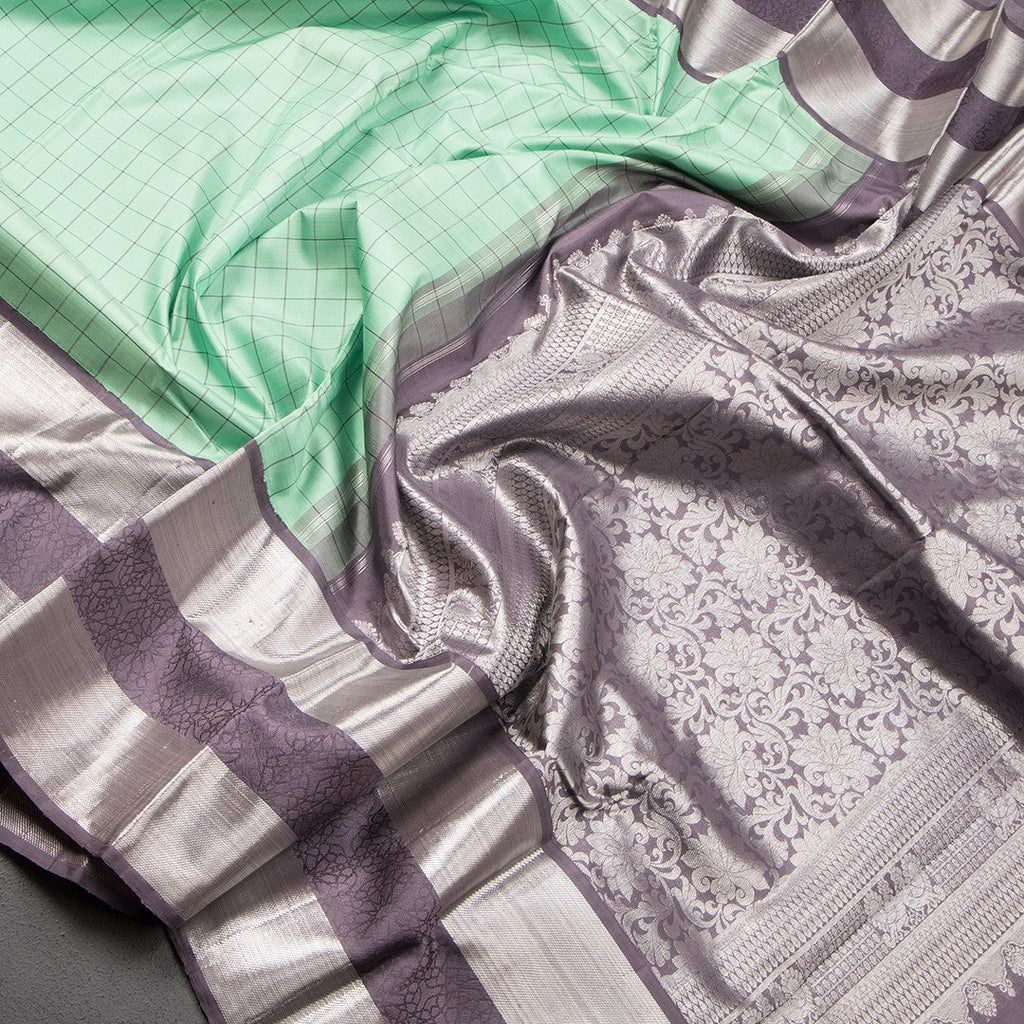 Sea-Green Checked Silk Saree With Plum Shaded Border Having Silver Zari Work