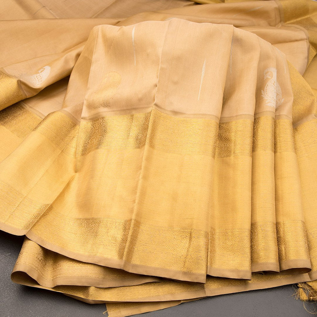 Gold Beige Silk Saree With Silver Malli Moggu And Paisley Patterns In Silver Zari