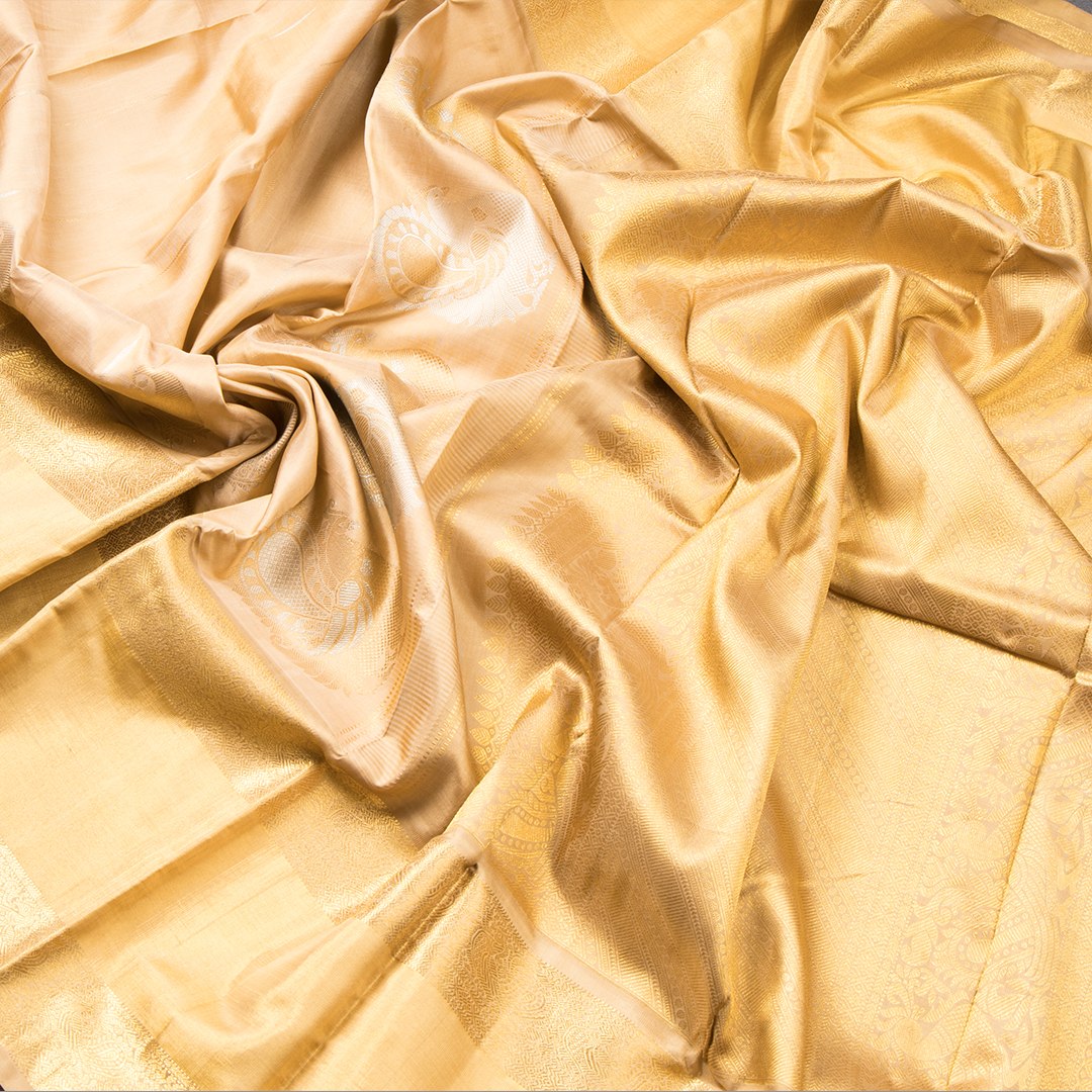 Gold Beige Silk Saree With Silver Malli Moggu And Paisley Patterns In Silver Zari