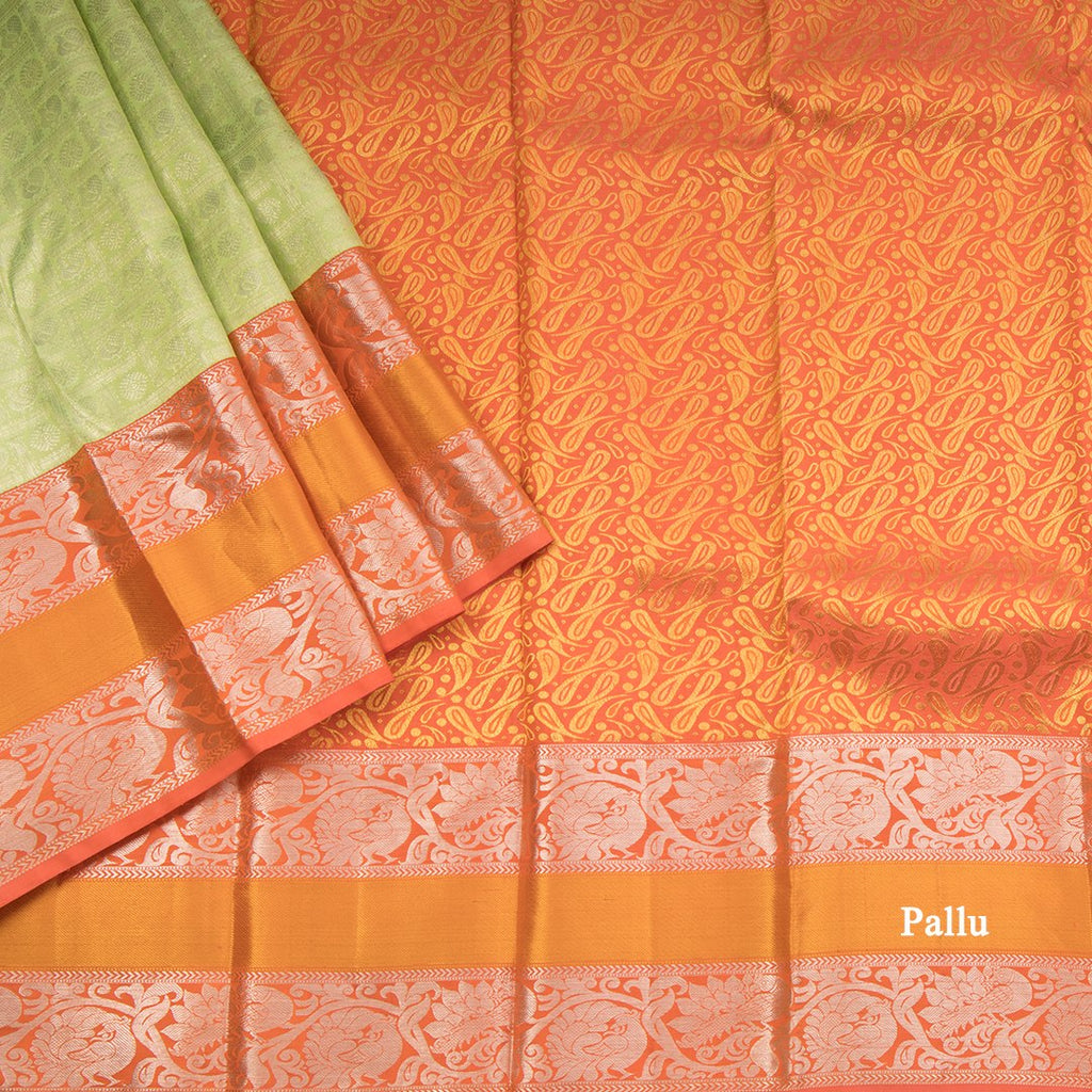 Light Green Self Designed Silk Saree With Orange Border And Gold And Silver Zari Work