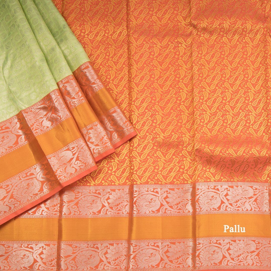 Light Green Self Designed Silk Saree With Orange Border And Gold And Silver Zari Work