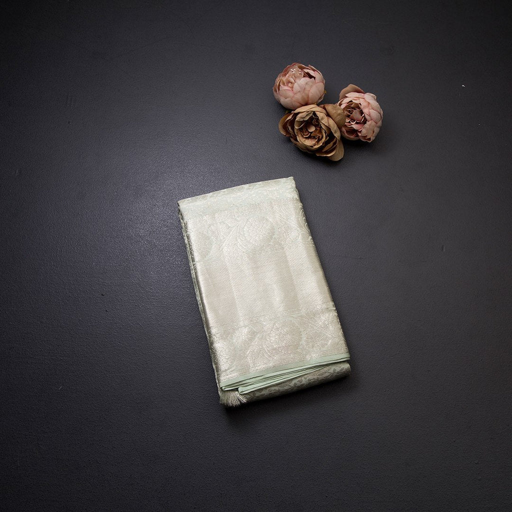 Light Green Brocade Silk Saree With Silver Zari Work