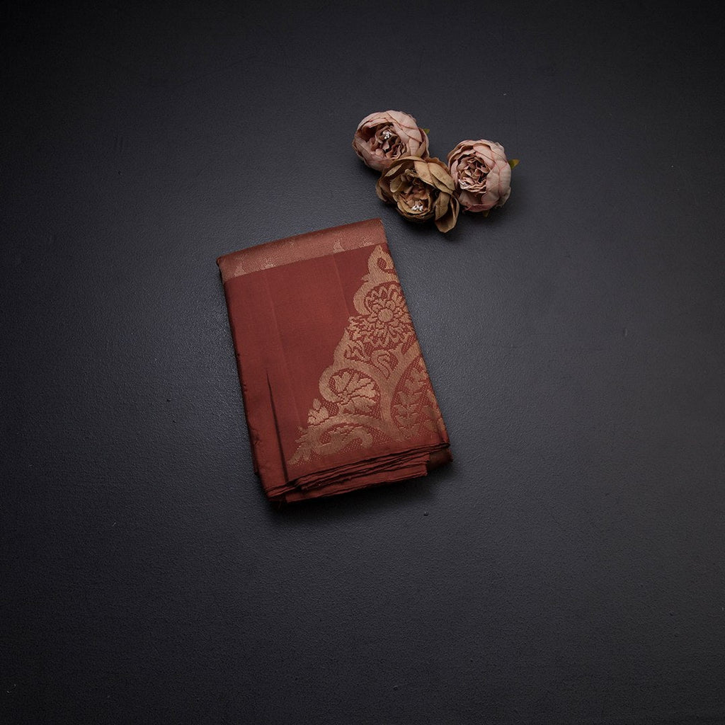 Rust Brown Kanchipuram Silk Saree With Stylish Pattern Body And Contrast Border