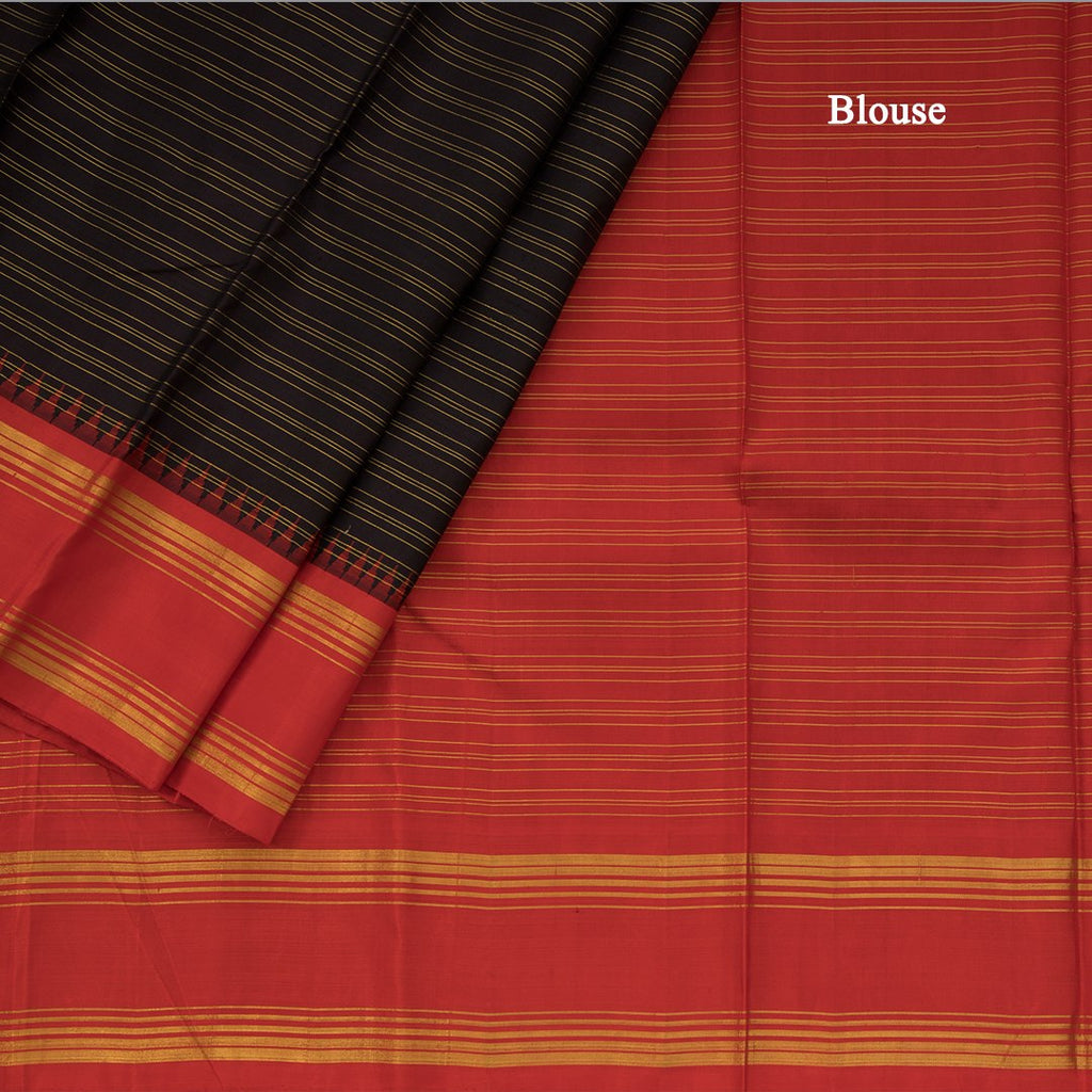 Coffee Brown Horizontally Striped Kanchipuram Silk Saree With Redcontrast Temple Border