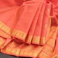 Traditional Peach Kanchipuram Silk Saree With Kalasam Butta On Body And Kalasam Design On Border
