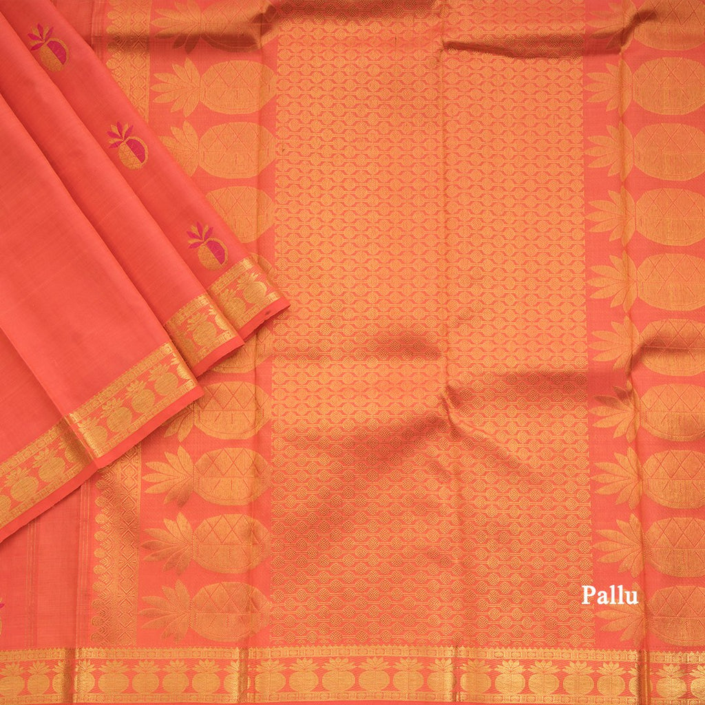 Traditional Peach Kanchipuram Silk Saree With Kalasam Butta On Body And Kalasam Design On Border