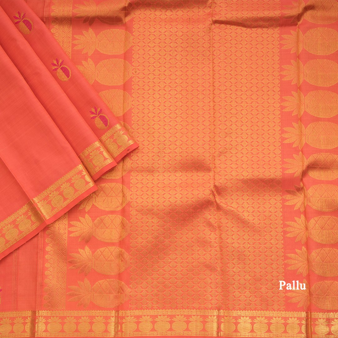 Traditional Peach Kanchipuram Silk Saree With Kalasam Butta On Body And Kalasam Design On Border
