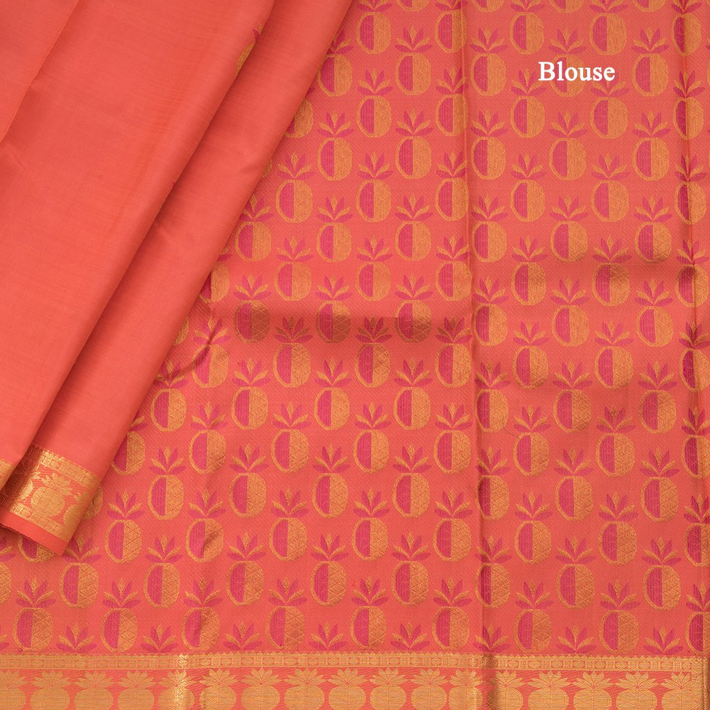 Traditional Peach Kanchipuram Silk Saree With Kalasam Butta On Body And Kalasam Design On Border