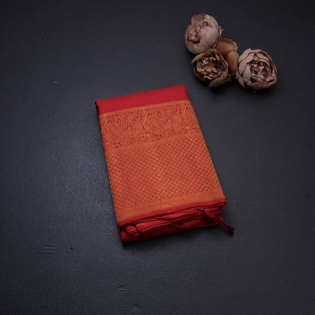 Chilly Red Silk Saree With Chakra Buttas And Gold Zari Self Border