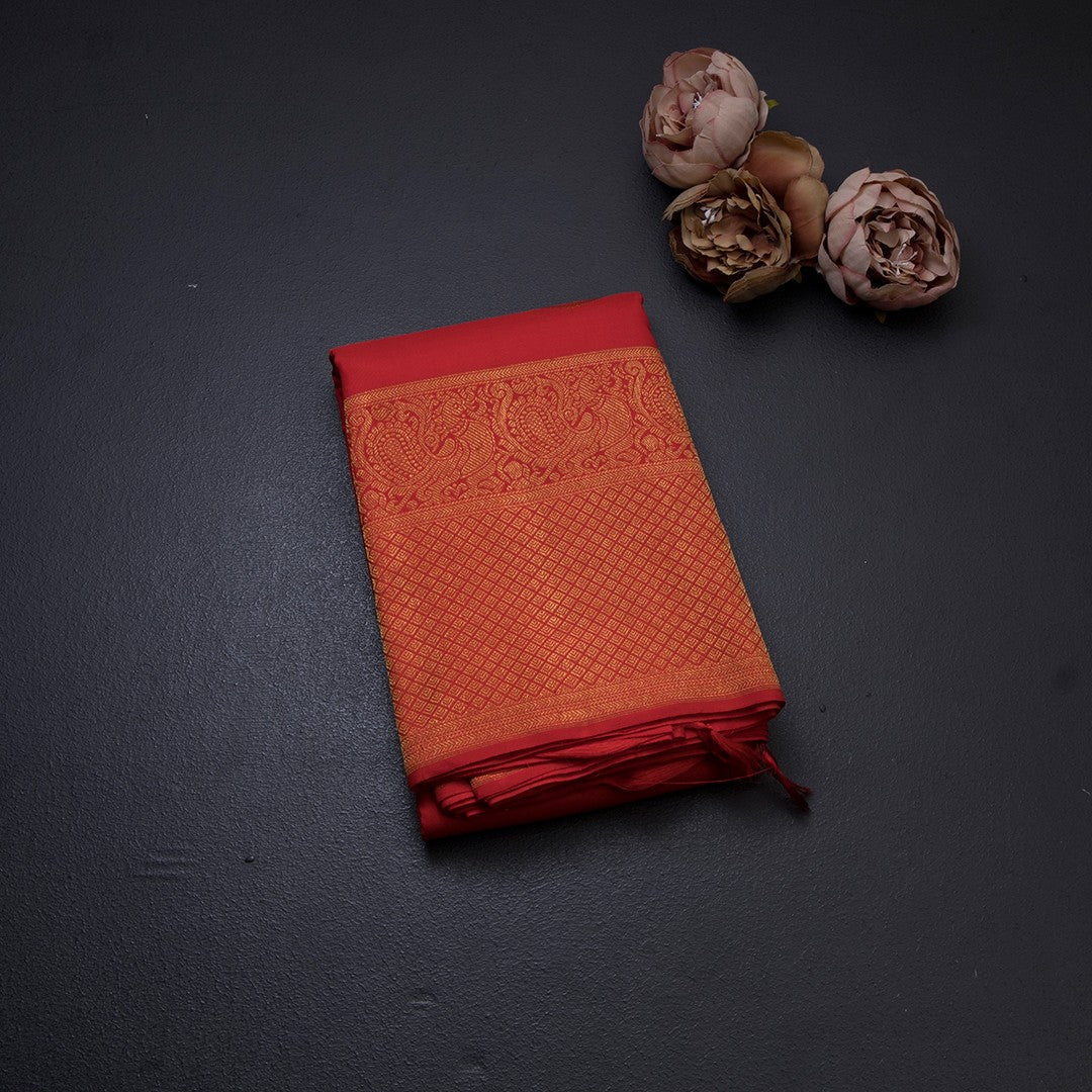 Chilly Red Silk Saree With Chakra Buttas And Gold Zari Self Border