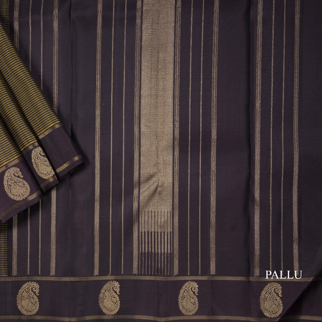 Olive Green Stripes Silk Saree With Brown Mango Zari Border