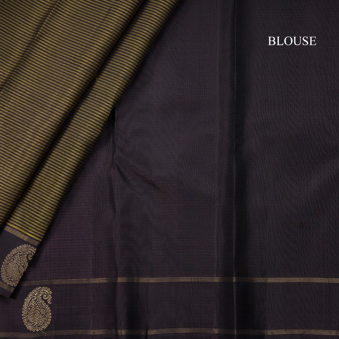 Olive Green Stripes Silk Saree With Brown Mango Zari Border