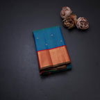 Peacock Blue Silk Saree With Zari stripes With Small Buttas And Red Zari Border