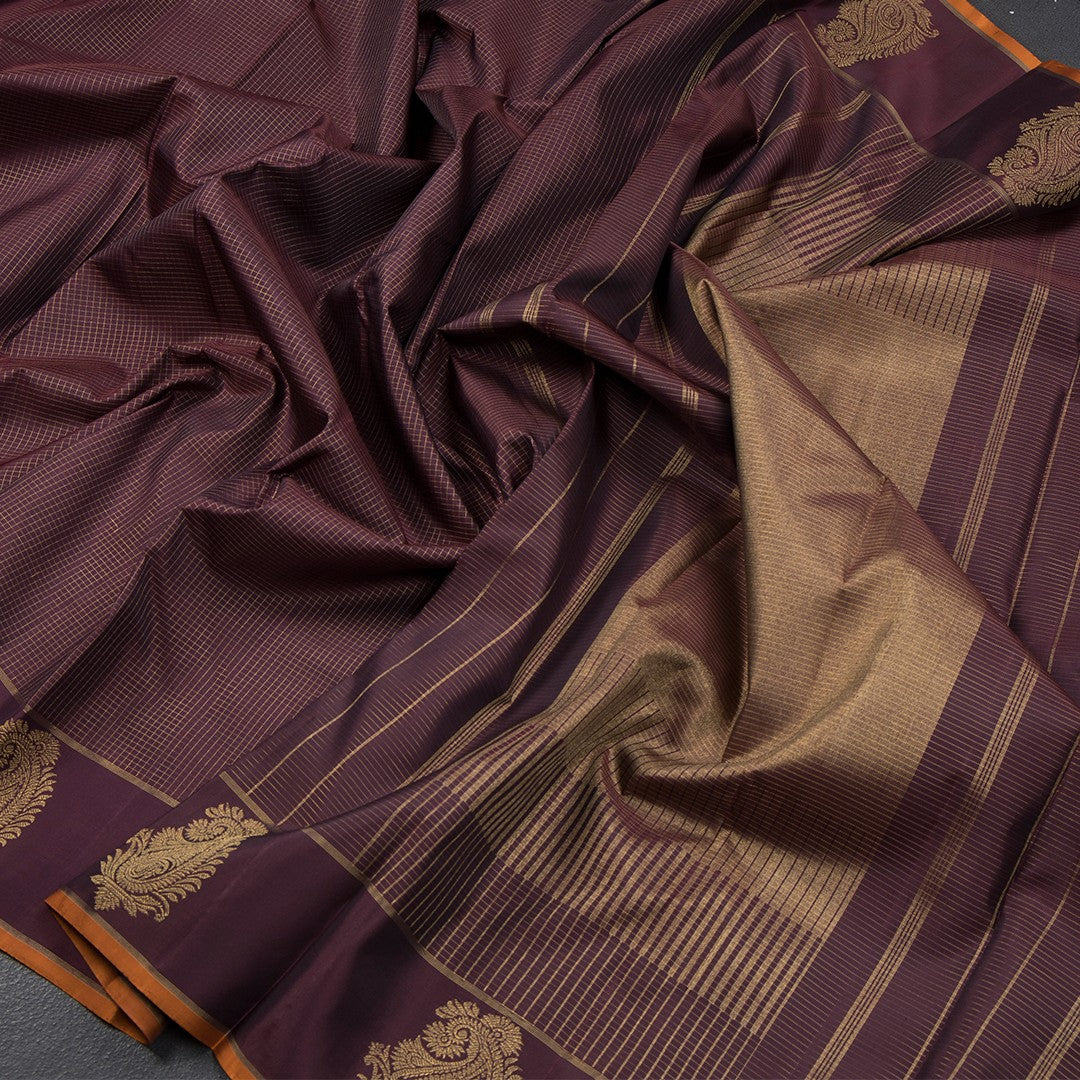 Dark Brown Micro Checked Silk Saree And Mango Zari Self Border