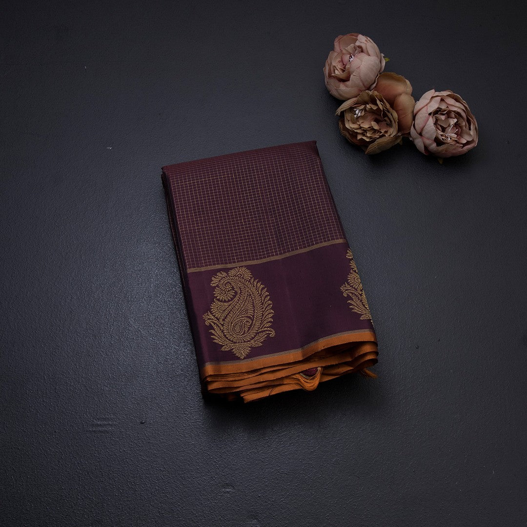 Dark Brown Micro Checked Silk Saree And Mango Zari Self Border