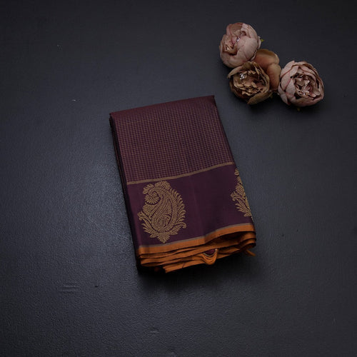 Dark Brown Micro Checked Silk Saree And Mango Zari Self Border