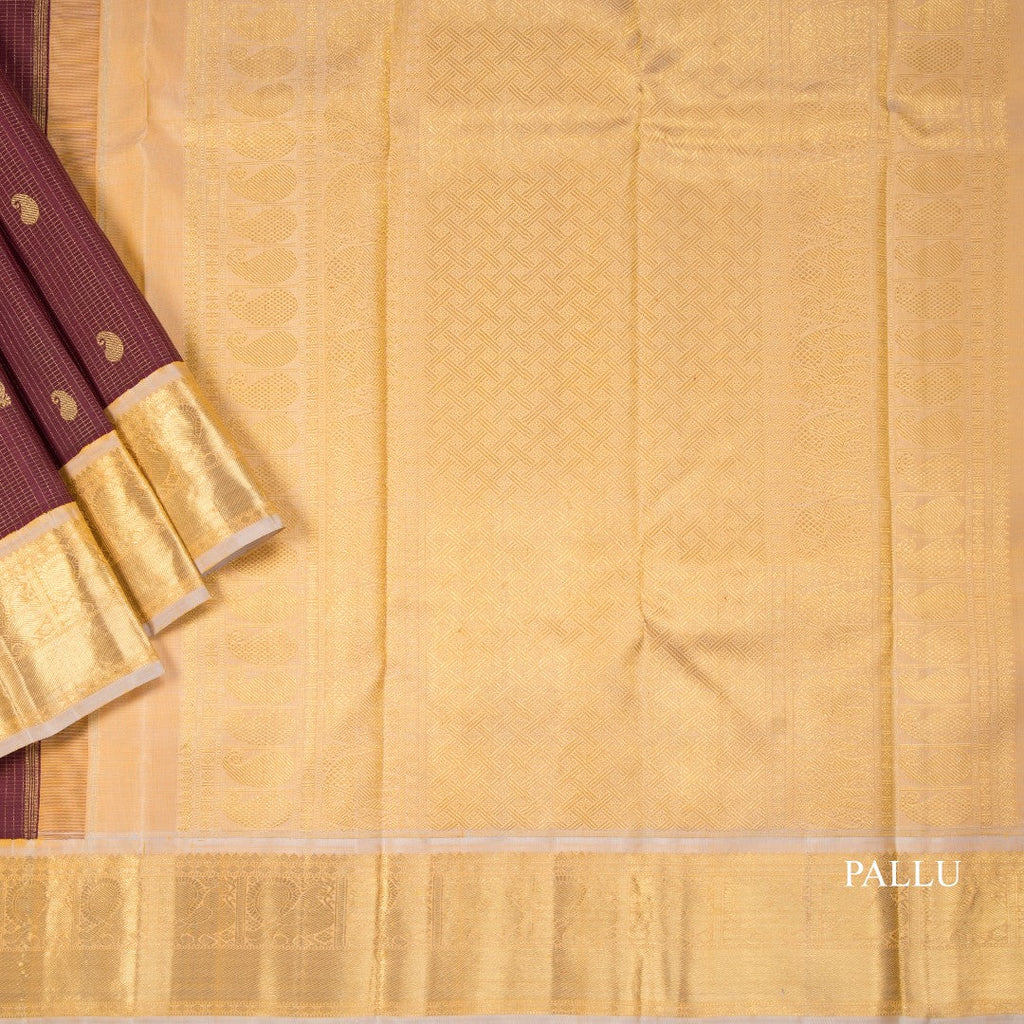 Dark Brown Micro Checked Silk Saree On Peacock And Mango Buttas And Gold Zari Border