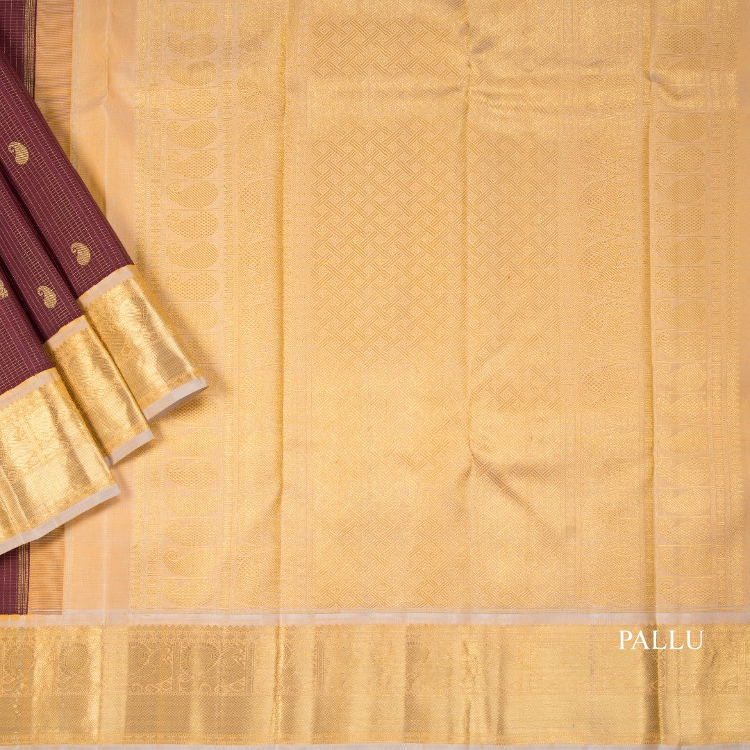Dark Brown Micro Checked Silk Saree On Peacock And Mango Buttas And Gold Zari Border
