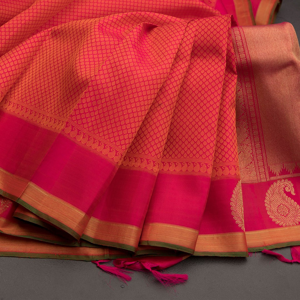 Hot Pink Silk Saree With Thread Embossed Work And Mango Zari Border