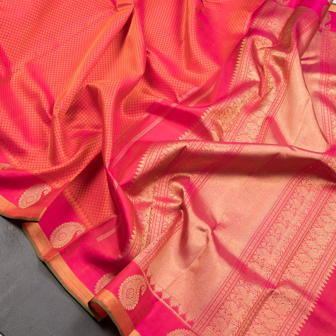 Hot Pink Silk Saree With Thread Embossed Work And Mango Zari Border