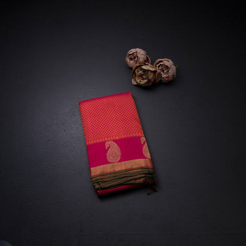 Hot Pink Silk Saree With Thread Embossed Work And Mango Zari Border