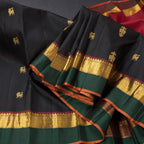 Black Silk Saree With Animal Zari Buttas And Contrast Pallu