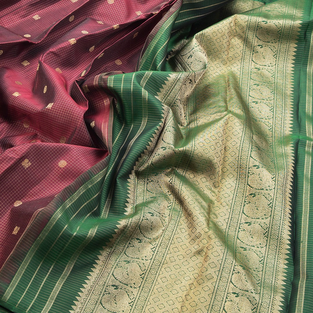 Araku Colour Borderless Micro Checked Silk Saree With Peacock And Chakra Buttas - Kumaran Silks