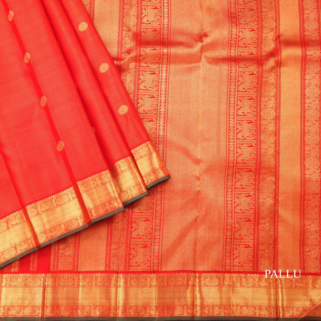 Red Vairaoosi Silk Saree With Peacock And Chakra Buttas And Rettapet Border